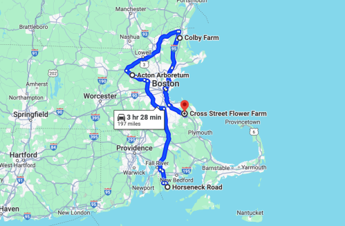 Map showing a route from Boston to Cross Street Flower Farm, with stops at Colby Farm and Acton Arboretum.